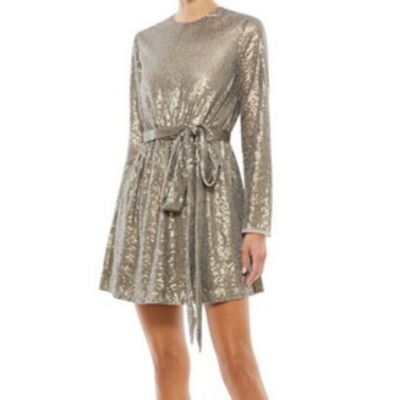 Mac Duggal Taupe Sequin Embellish Long Sleeve High Neck Mini Dress